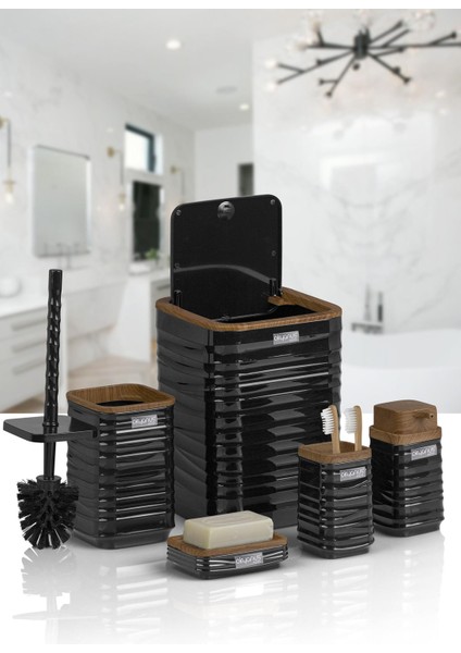Luna Siyah Ahşap Desenli Kare 5'li Banyo Seti fiyatları