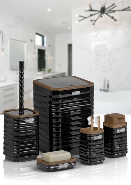 Luna Siyah Ahşap Desenli Kare 5'li Banyo Seti fırsatları