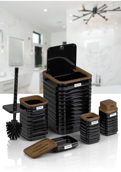 Luna Siyah Ahşap Desenli Kare 5'li Banyo Seti indirimleri