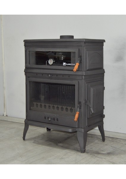 FS-044YK Retro Dik Tek Camlı Kuzineli Yan Kapaklı Döküm Soba