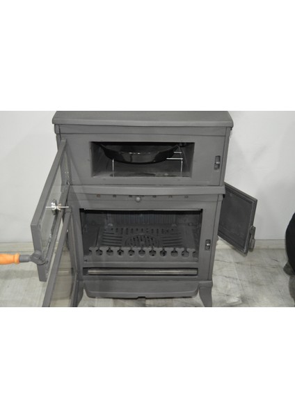 FS-044YK Retro Dik Tek Camlı Kuzineli Yan Kapaklı Döküm Soba