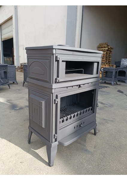 FS-044YK Retro Dik Tek Camlı Kuzineli Yan Kapaklı Döküm Soba