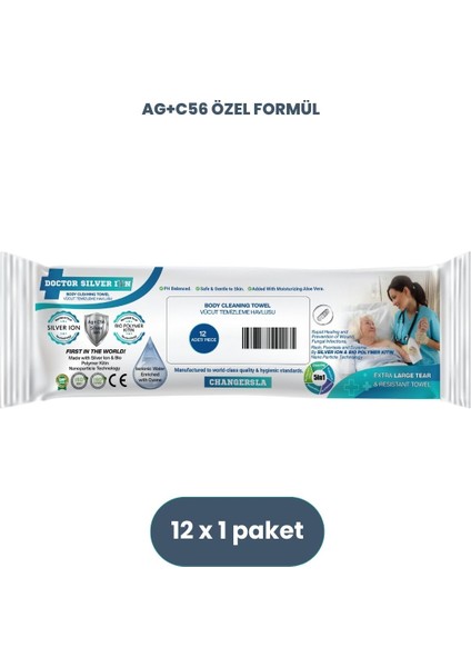 Gümüş İyonlu Özel Formül, Kremli, İyileştirici, Onarıcı Tüm Vücut Büyük Yaşlı ve Hasta Bakım Mendili 12'li (1 Adet)