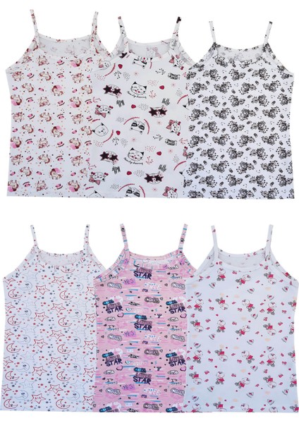 6lı Kız Çocuk Ip Askılı Atlet Empirme Pamuklu Renkli Desenli