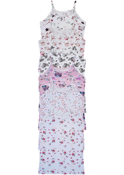 6lı Kız Çocuk Ip Askılı Atlet Empirme Pamuklu Renkli Desenli modelleri