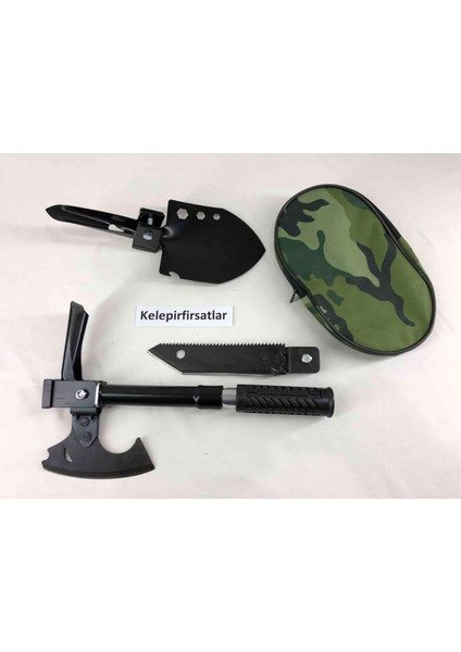 Süper Pratik Sökülüp Katlanan Minik Askeri Çelik Balta Çekiç Çapa Bıçak Testere Seti Haki Çantalı