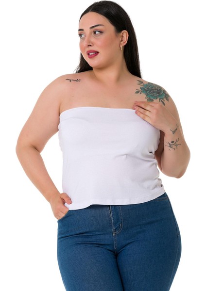 Büyük Beden Straplez Viskon Beyaz Body