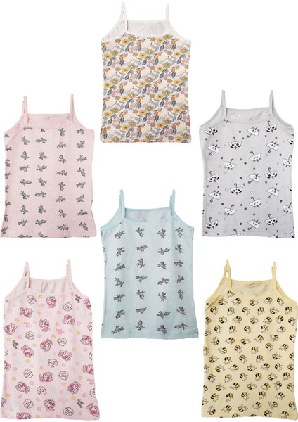 6lı Kız Çocuk Ip Askılı Desenli Atlet Pamuklu Fanila