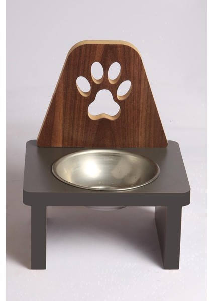 Ahşap Kedi Köpek Mama Su Kabı Standı Metal Suluk Mamalık Çelik Kaseli Evcil Hayvan Pati Desenli