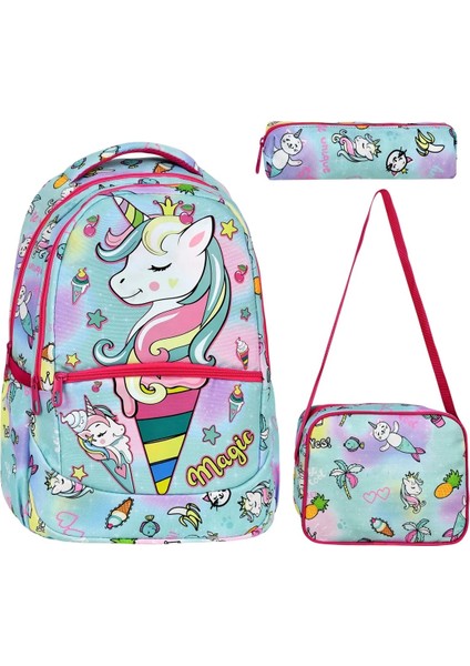 Ilkokul Okul Ortaokul Sırt Çantası Ortopedik 3'lü Set Unicorn Okul Çantası Yeşil