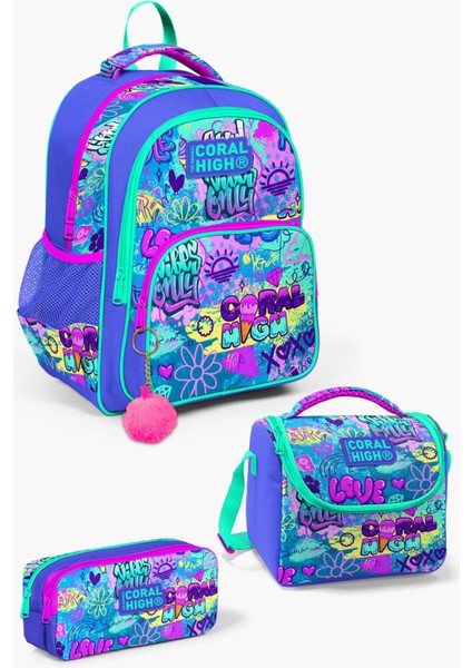 Kids Lavanta Su Yeşili Grafiti Desenli 3'lü Okul Çanta Seti SET0114414