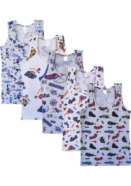 5li Erkek Çocuk Renkli Desenli Atlet %100 Pamuklu Neşeli