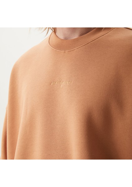 Bisiklet Yaka NO1YOU Nakışlı Uzun Kollu Kahverengi Unisex Sweatshirt