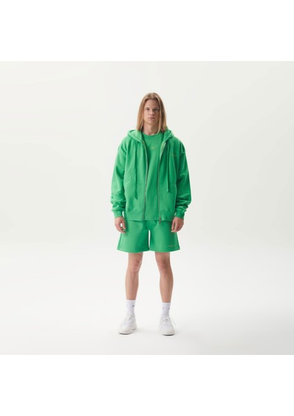 Kapüşonlu Fermuarlı Cepli Yeşil Unisex Sweatshirt