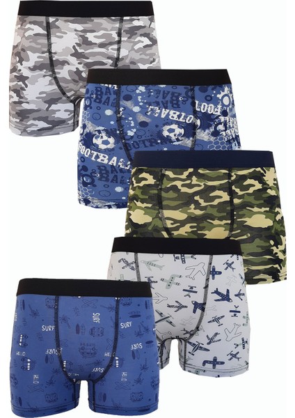 5li Erkek Çocuk Desenli Boxer Neşeli Ekonomik Pamuklu Paçalı Don
