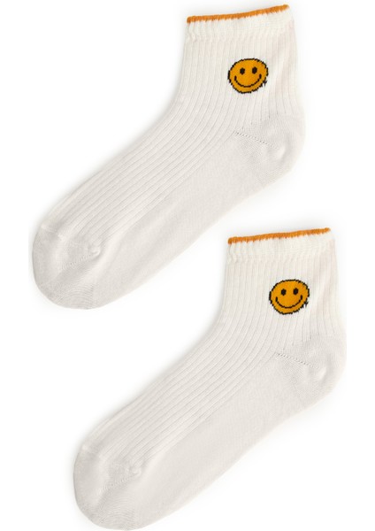 Smiley Yarım Konç Çorap Beyaz