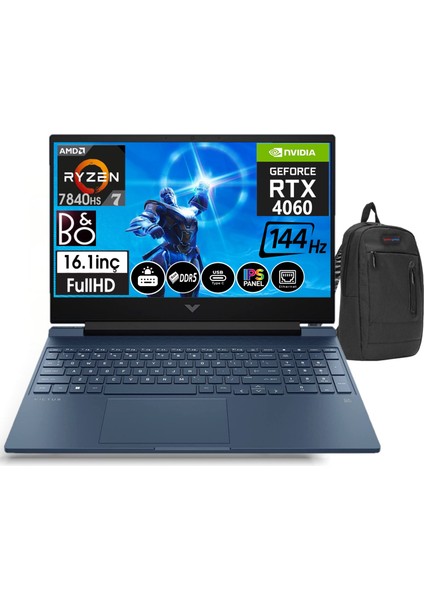 Victus 16-S0015NT Amd Ryzen7 7840HS 32GB Ddr5 Ram 2tb SSD 8gb RTX4060 16,1 Inç 144Hz IPS Fhd WINDOWS11PRO Taşınabilir Bilgisayar 77Z586EAW24+ZETTAÇANTA