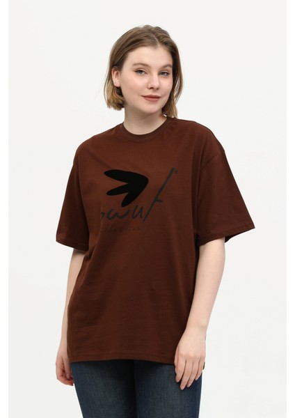 Pamuk Detaylı Baskılı Basic Bisiklet Yaka Örme T-Shirt