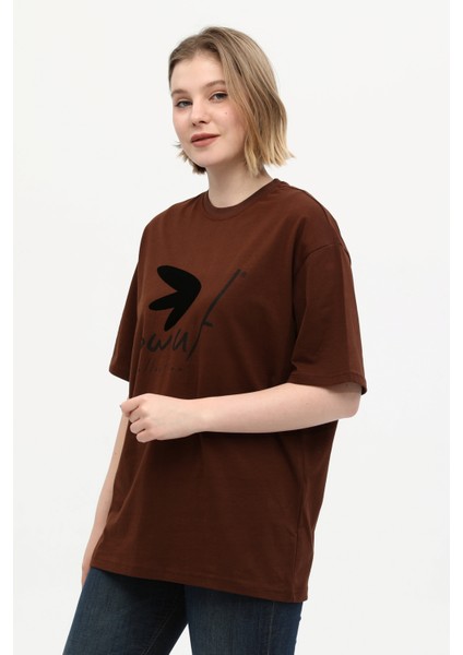 Pamuk Detaylı Baskılı Basic Bisiklet Yaka Örme T-Shirt