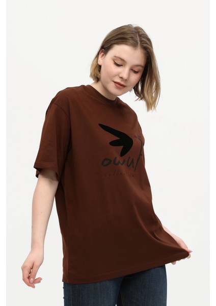 Pamuk Detaylı Baskılı Basic Bisiklet Yaka Örme T-Shirt