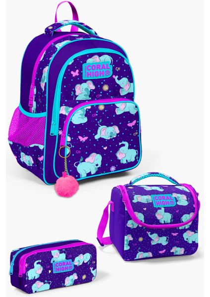 Kids Mor Pembe Fil Desenli 3'lü Okul Çanta Seti SET0114411