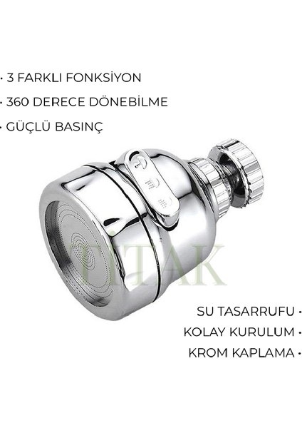 3 Fonksiyonlu Su Tasarruflu 360 Derece Dönebilen Krom Kaplama Musluk Ucu