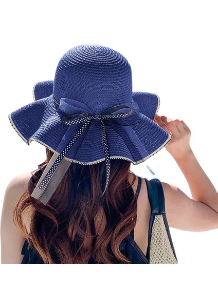 Eva Ribbon Bowknot Büyük Brim Plajı Güneşlik Hip Şapkası - Lacivert (Yurt Dışından)