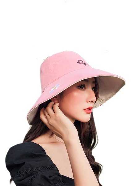 Eva Daisy Nakış Büyük Ağzı Çift Taraflı Fisherman Buck Hat - Pembe (Yurt Dışından)