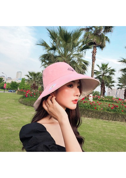 Eva Daisy Nakış Büyük Ağzı Çift Taraflı Fisherman Buck Hat - Pembe (Yurt Dışından)