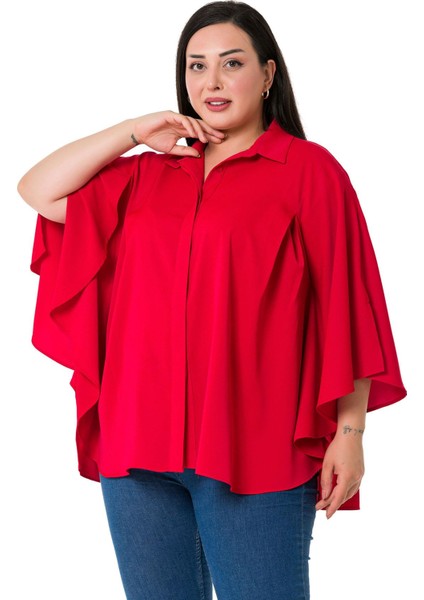 Büyük Beden Pelerin Kollu Gizli Patlı Pilikaşe Detaylı Kırmızı Gömlek