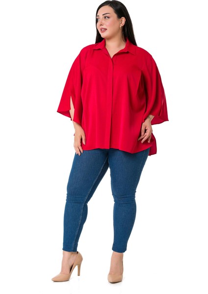 Büyük Beden Pelerin Kollu Gizli Patlı Pilikaşe Detaylı Kırmızı Gömlek fiyatları