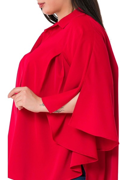 Büyük Beden Pelerin Kollu Gizli Patlı Pilikaşe Detaylı Kırmızı Gömlek indirimleri