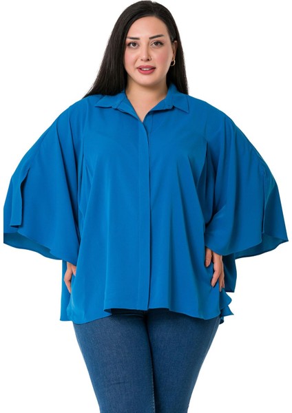 Büyük Beden Pelerin Kollu Gizli Patlı Pilikaşe Detaylı Indigo Gömlek