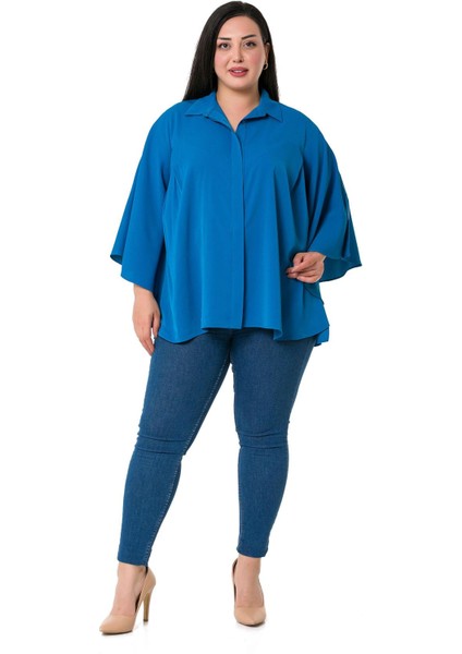 Büyük Beden Pelerin Kollu Gizli Patlı Pilikaşe Detaylı Indigo Gömlek fiyatları