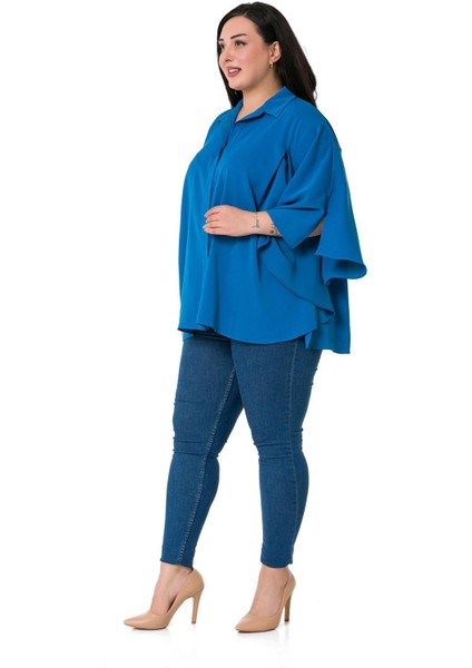 Büyük Beden Pelerin Kollu Gizli Patlı Pilikaşe Detaylı Indigo Gömlek fırsatları