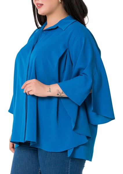 Büyük Beden Pelerin Kollu Gizli Patlı Pilikaşe Detaylı Indigo Gömlek indirimleri