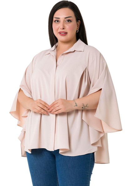 Büyük Beden Pelerin Kollu Gizli Patlı Pilikaşe Detaylı Pudra Gömlek