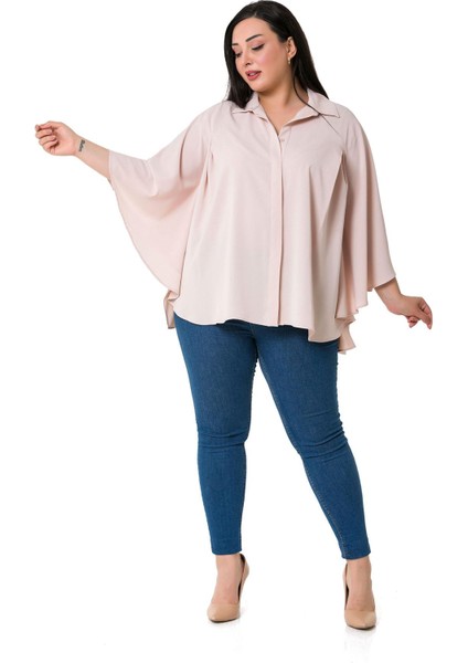 Büyük Beden Pelerin Kollu Gizli Patlı Pilikaşe Detaylı Pudra Gömlek fiyatları