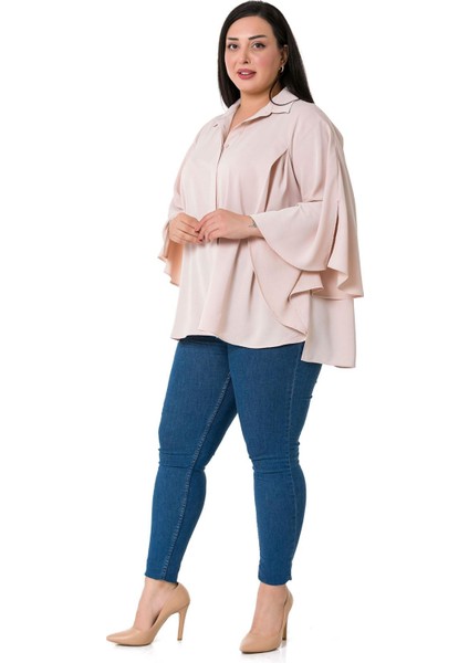 Büyük Beden Pelerin Kollu Gizli Patlı Pilikaşe Detaylı Pudra Gömlek fırsatları