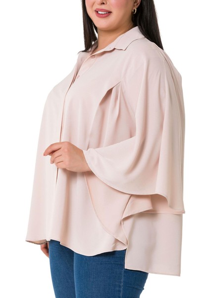 Büyük Beden Pelerin Kollu Gizli Patlı Pilikaşe Detaylı Pudra Gömlek indirimleri