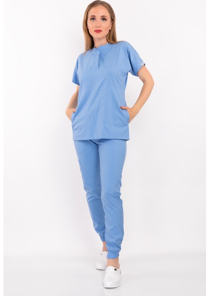 Bebe Mavi Renk Çağla Model Soft Likra Çıt Çıtlı Hakim Yaka Doktor Hemşire Hastane Cerrahi Takım