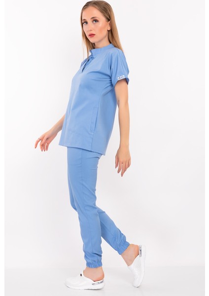 Bebe Mavi Renk Çağla Model Soft Likra Çıt Çıtlı Hakim Yaka Doktor Hemşire Hastane Cerrahi Takım modelleri