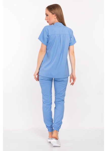 Bebe Mavi Renk Çağla Model Soft Likra Çıt Çıtlı Hakim Yaka Doktor Hemşire Hastane Cerrahi Takım indirimleri