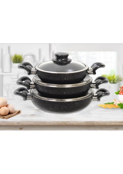 Asal Home Çift Kulp Kapaklı Siyah Gümüş Granit Omlet/Sahan Tava Seti 18+20+22 cm