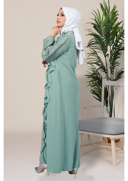 Volan Detaylı Kolları Dantel Mint Ferace 3711