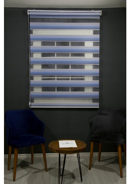 Modern Dekoratif Degrade Pliseli Zebra Stor Perde Alüminyum Kasalı - Lacivert-Mavi