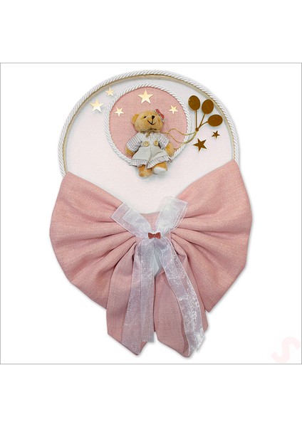 Kasnaklı Fiyonk ve Ayıcıklı 30 cm Kapı Süsü - Pembe
