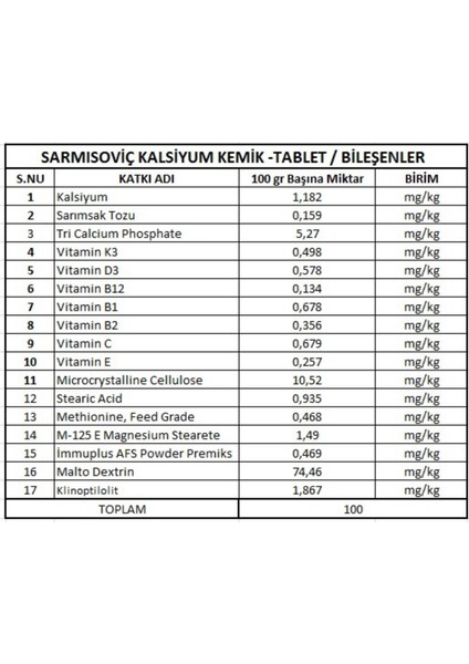 Sarmısoviç Kalsiyum Kemik Tablet - 1500 Adet