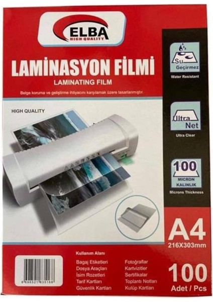 Laminasyon Filmi A5 100 Mıc 100 Lü 216X154 100'LÜ Paket / Elba