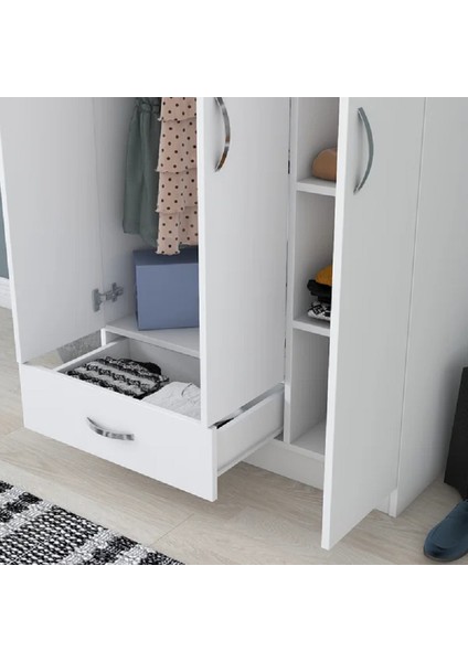 Aden Home Alara 3 Kapaklı Çekmeceli Gardırop, Elbise Dolabı, Mdf, M-GRD11